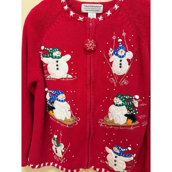 Tiara International Christmas Collection 2004 Red Snowman Sweater Cardigan M - Picture 4 of 8